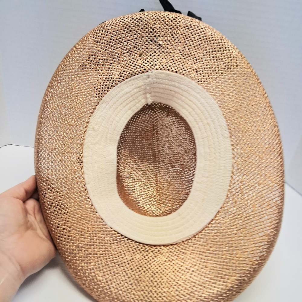 Y2K VTG Straw Boater Hat Gold Stiff Rigid Crown Black Flower Small/Medium EUC - Picture 12 of 12